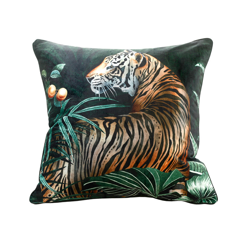 Caspian Tigress Piped Velvet Cushion By Avalana