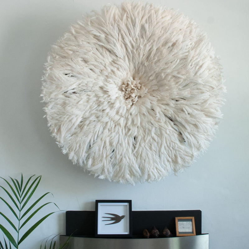 juju hat white 100cm diameter . large feather wall hanging 