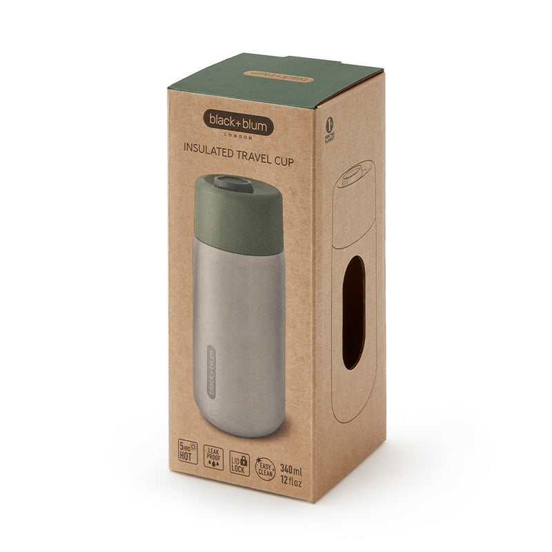 Insulated Stainless Steel Travel Cup packaging made from biodegradable and fully recyclable cardboard completely plastic-free packaging