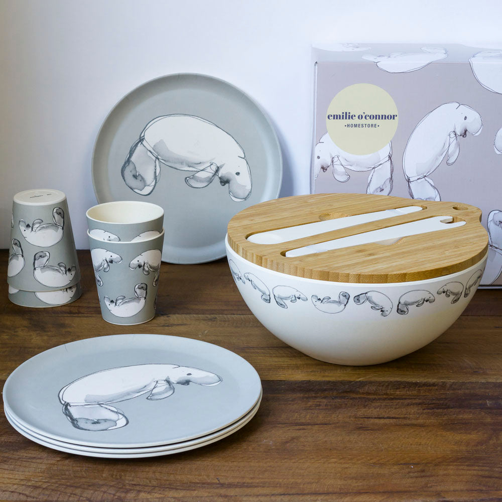 Emilie O'Connor Dugong Grey Large Bamboo Salad Bowl ,Cups And Plates Set 