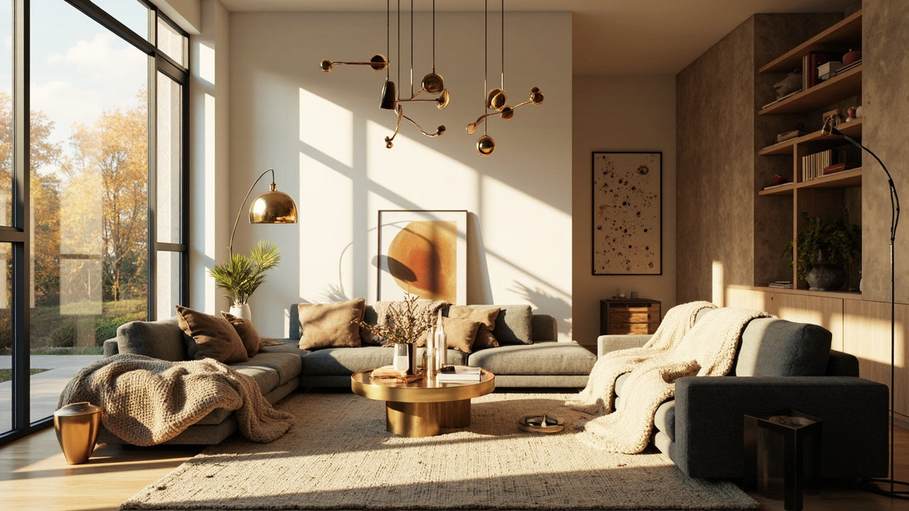 modern living room with unique lighting, stylish furniture, and textured accessories in warm light