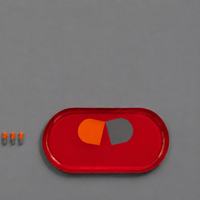 Zombie capsule enamel tray in deep red with an orange and grey split pill design by Geese
