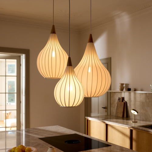 Drops Textile Pendant By Halo Cluster of lights. Lights on. 