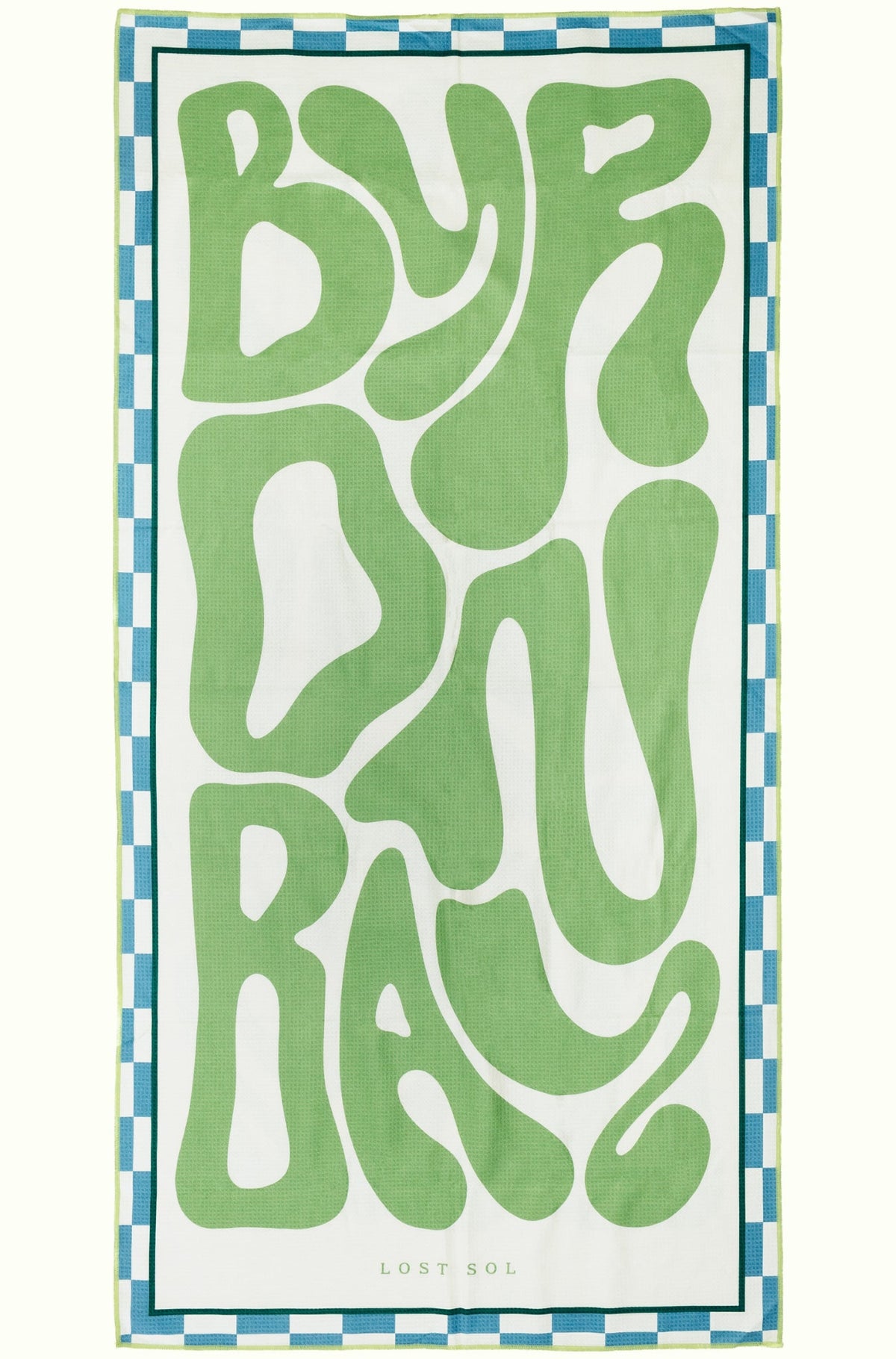 Byron Bay Pastel sand-free beach towel in soft eucalyptus green by Lost Sol, laid flat on a yellow background