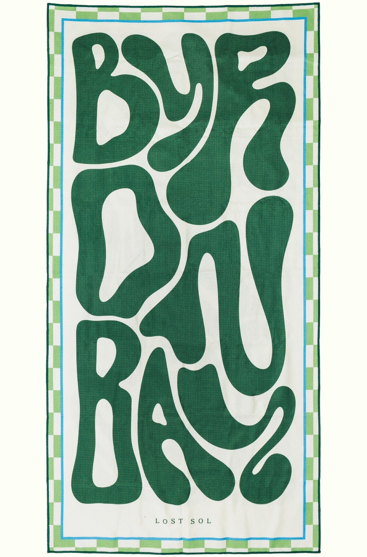 Byron Bay Bold sand-free beach towel in deep green by Lost Sol, laid flat on a yellow background