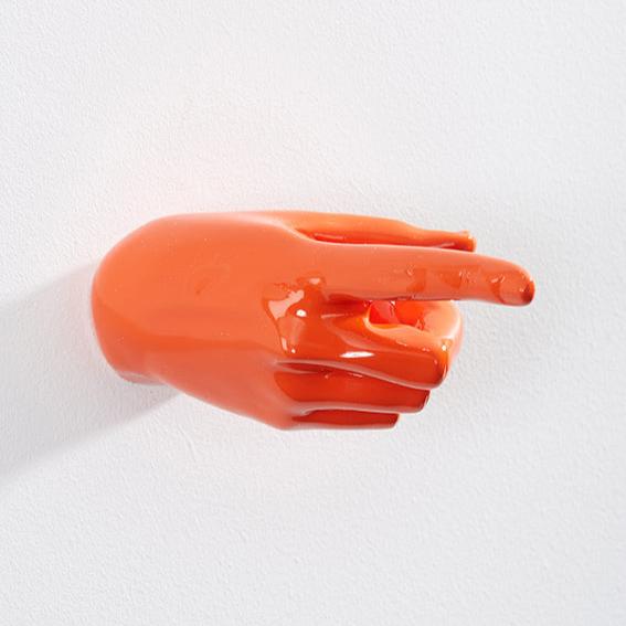 Hand wall art or hook, pointing gesture, and orange colour