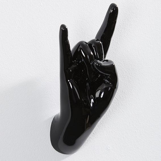 Hand wall art or hook, rock on gesture, and black colour