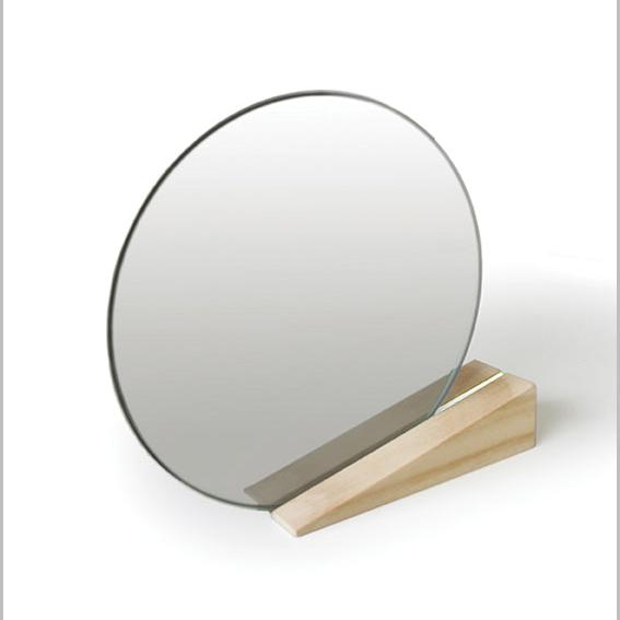 Round desk mirror, oak stand, wedge, white stripe