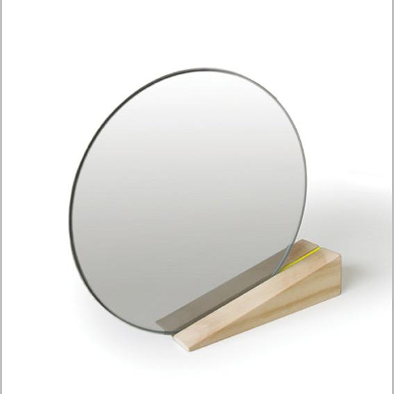 Round desk mirror, oak stand, wedge, yellow stripe