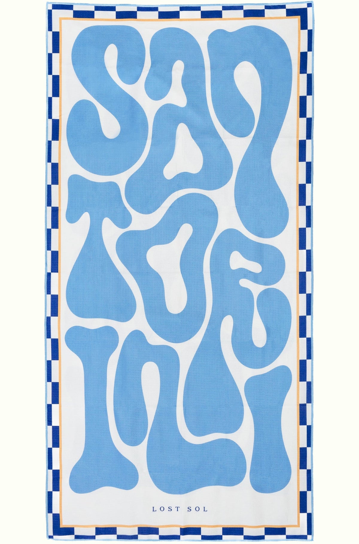 Santorini Pastel sand-free beach towel in soft sky blue by Lost Sol, laid flat on a yellow background