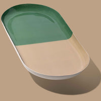 Zephyr capsule enamel tray with a split design in green and cream by Geese