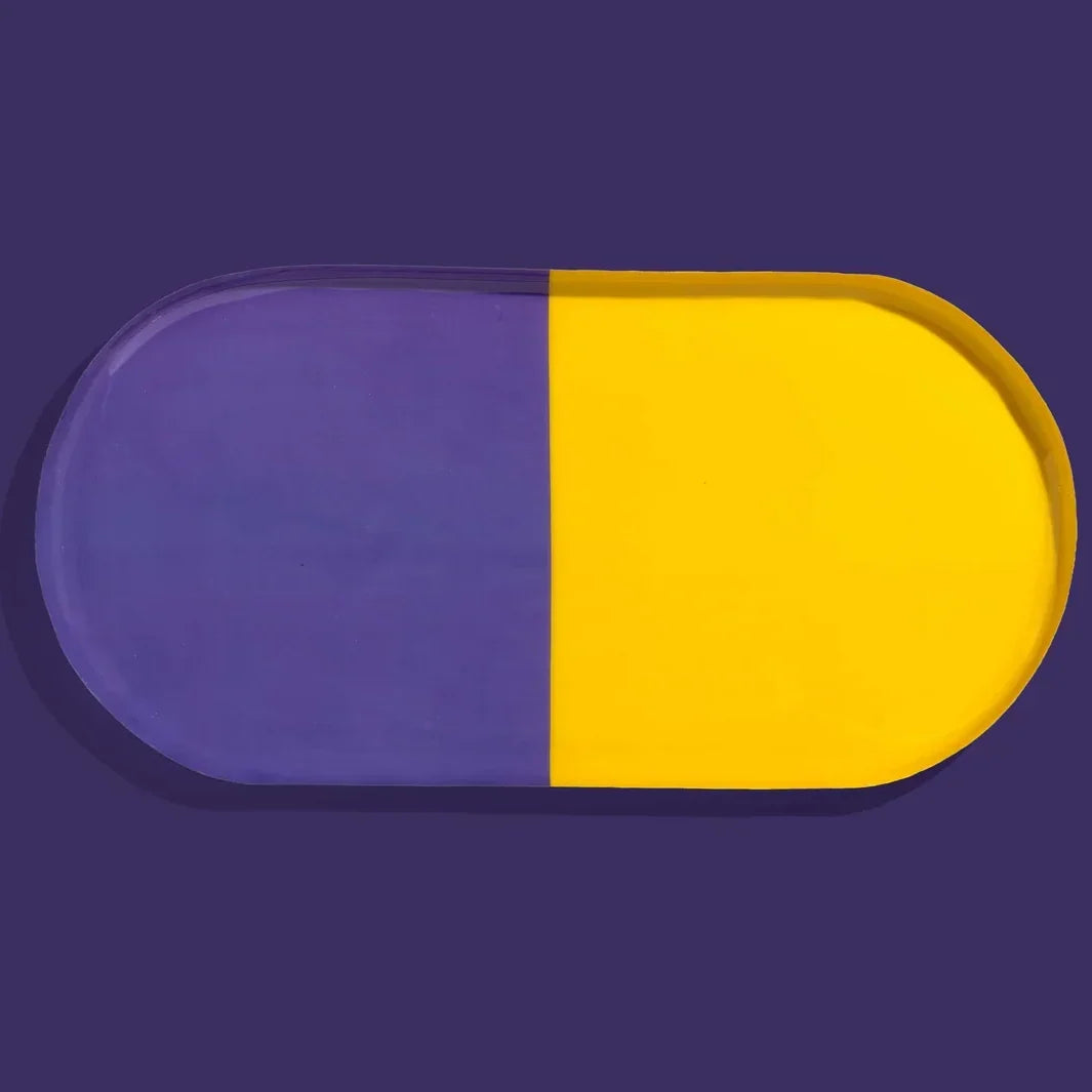 Zephyr capsule enamel tray with a split design in yellow and purple by Geese