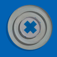 Zeppelin round enamel tray in grey with a contrast blue cross design by Geese