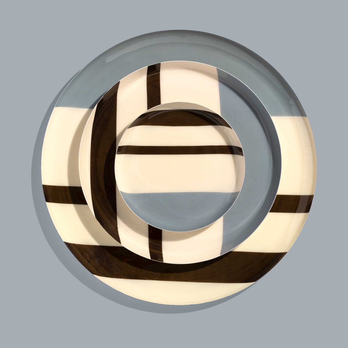 Zest round enamel tray in cream with grey and brown stripes by Geese