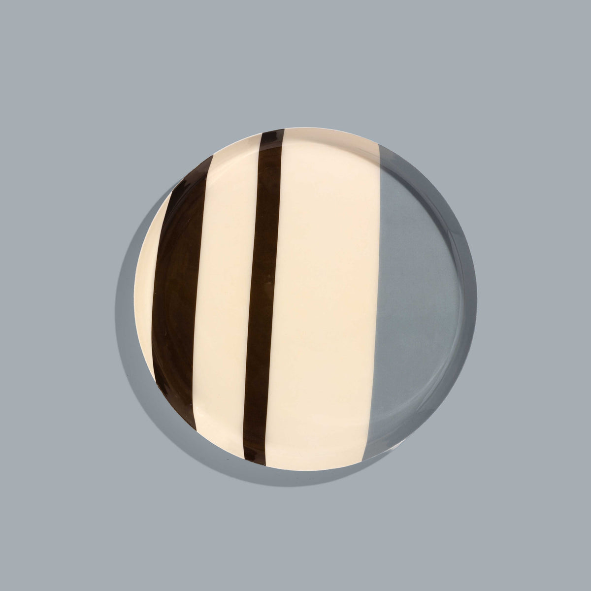 Zest round enamel tray in cream with grey and brown stripes by Geese
