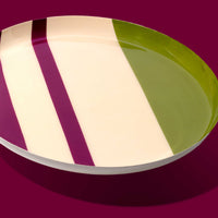 Zest round enamel tray in cream with green and pink stripes by Geese