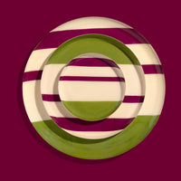 Zest round enamel tray in cream with green and pink stripes by Geese