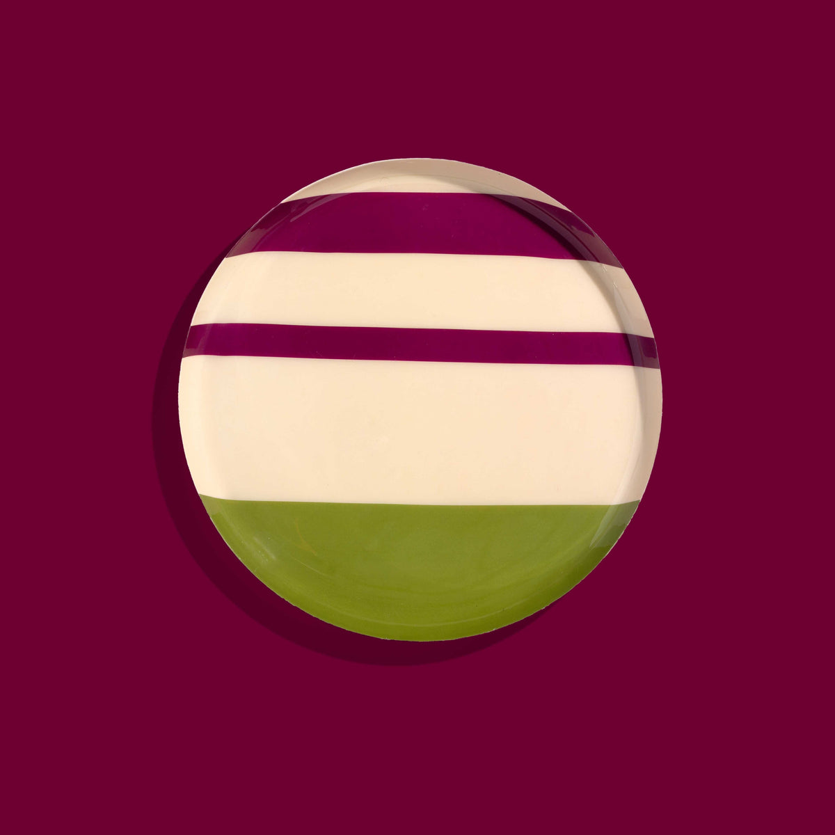 Zest round enamel tray in cream with green and pink stripes by Geese