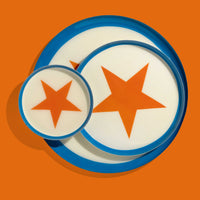 Zodiac round enamel tray in cream with an orange star and blue rim by Geese