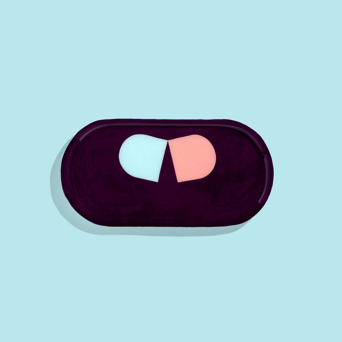Zombie capsule enamel tray in deep purple with a blue and pink split pill design by Geese