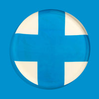 Zone round enamel tray in cream with a large blue cross by Geese