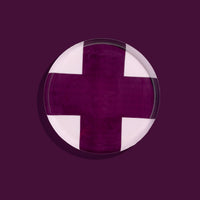 Zone round enamel tray in pink with a large purple cross by Geese