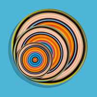 Zoom round enamel tray with multicoloured circles in pink, blue, orange, yellow and black by Geese