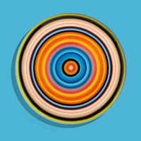 Zoom round enamel tray with multicoloured circles in pink, blue, orange, yellow and black by Geese