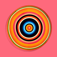 Zoom round enamel tray with multicoloured circles in orange, blue, black and pink by Geese