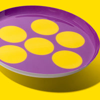 Zulu round enamel tray in purple with six yellow dots by Geese