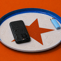 Zodiac round enamel tray in cream with an orange star and blue rim by Geese
