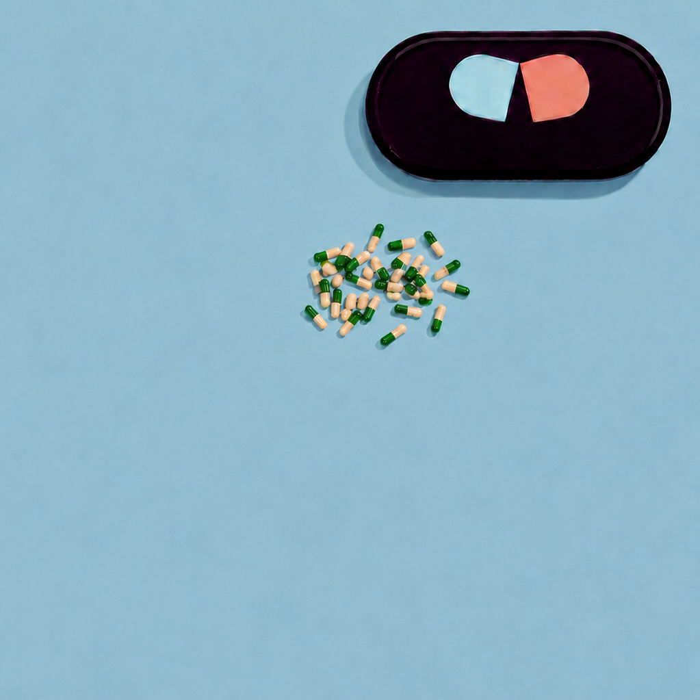Zombie capsule enamel tray in deep purple with a blue and pink split pill design by Geese
