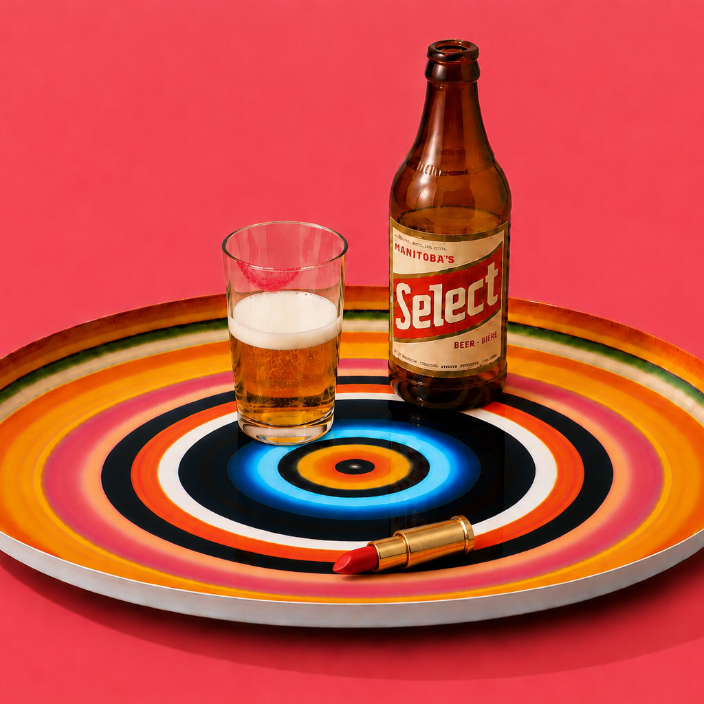 Zoom round enamel tray with multicoloured circles in orange, blue, black and pink by Geese