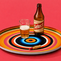 Zoom round enamel tray with multicoloured circles in orange, blue, black and pink by Geese