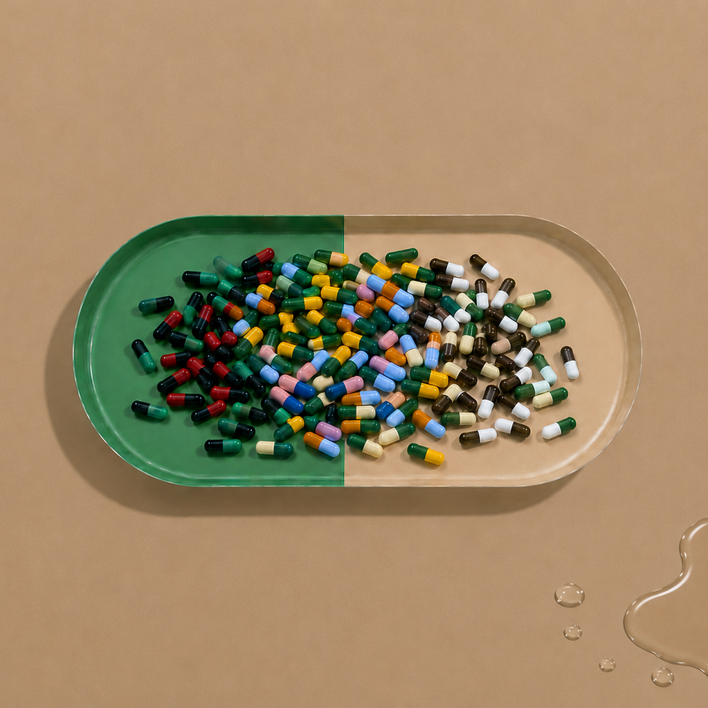 Zephyr capsule enamel tray with a split design in green and cream by Geese