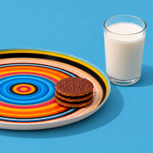 Zoom round enamel tray with multicoloured circles in pink, blue, orange, yellow and black by Geese