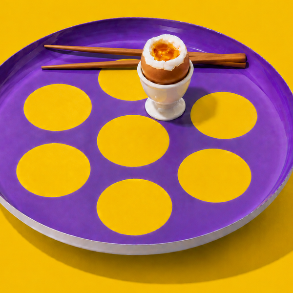 Zulu round enamel tray in purple with six yellow dots by Geese