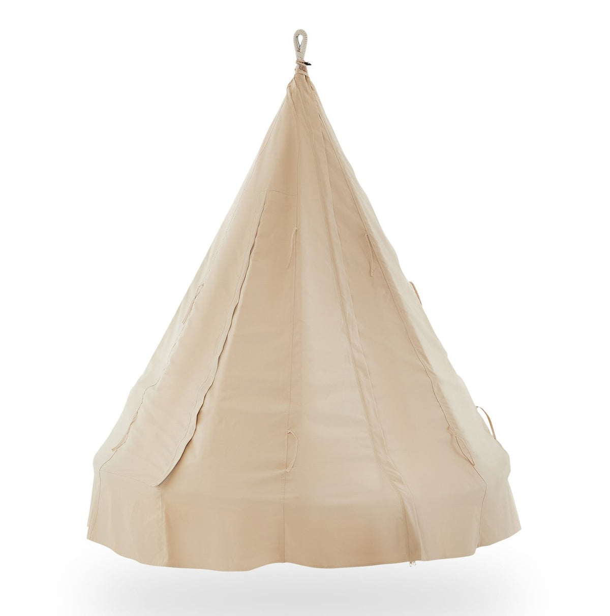 Beige and white hanging bed with a canopy, decorative pillows, and a throw blanket, designed for outdoor or indoor lounging.