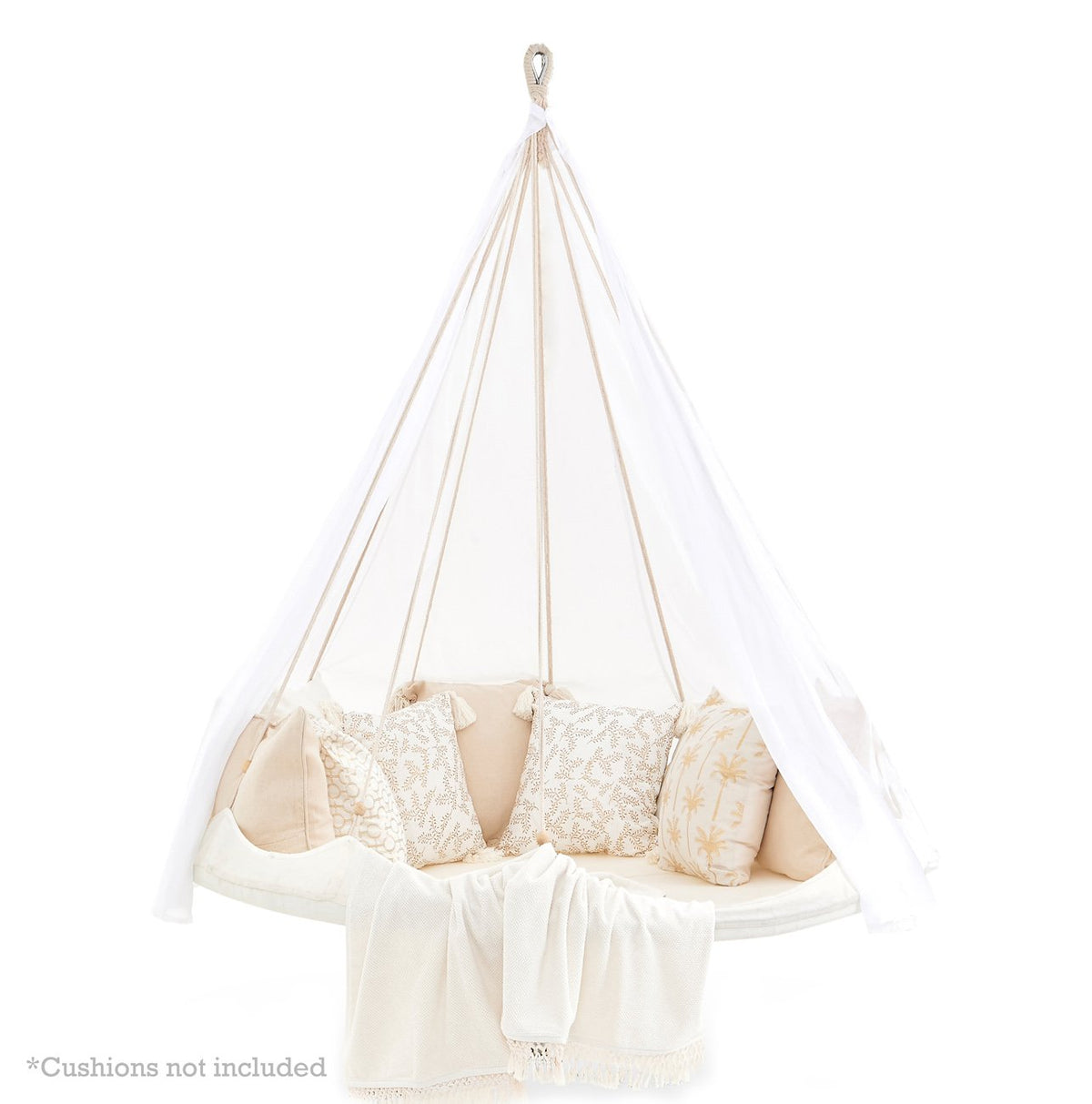 Metal frame with a beige canopy and hanging bed with pillows and a blanket, suitable for outdoor relaxation.