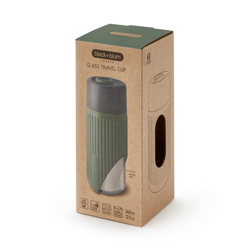 Glass Travel Cup packaging made from biodegradable and fully recyclable cardboard completely plastic-free packaging