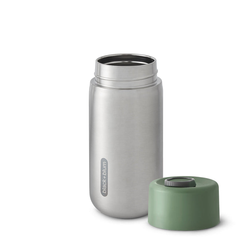 Olive Insulated Stainless Steel Travel Cup with leak proof lid removed to reveal smooth rim cup