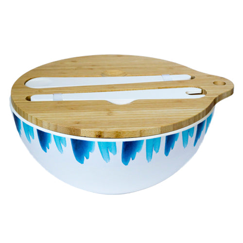 Emilie O'connor Blue Wave Large Bamboo Salad Bowl With Tongs