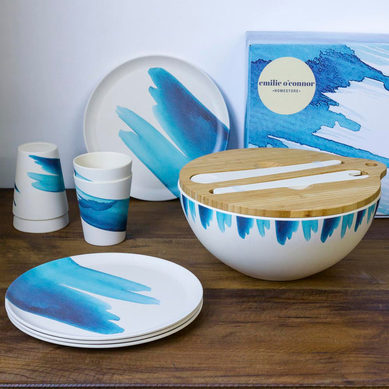 Emilie O'Connor Blue Wave Large Bamboo Salad Bowl ,Cups And Plates Set